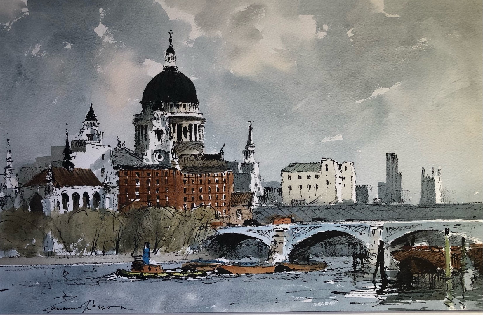 Edward Wesson watercolour painting - St. Paul's from Westminster Bridge