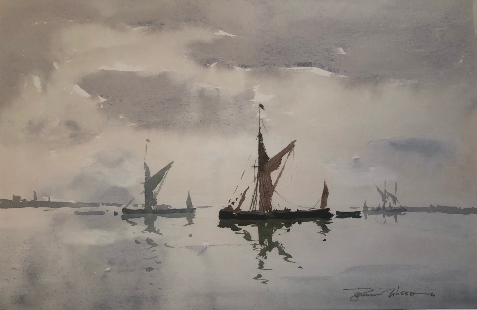 Edward Wesson watercolour painting - Slack Water - In the Orwell