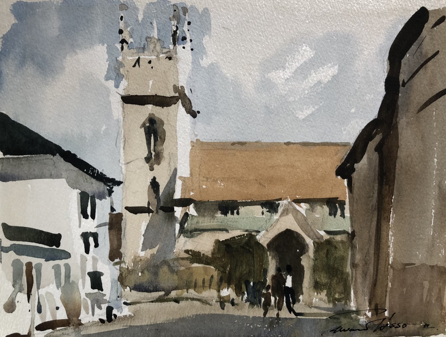 Edward Wesson watercolour painting - Great Wishford, Wiltshire