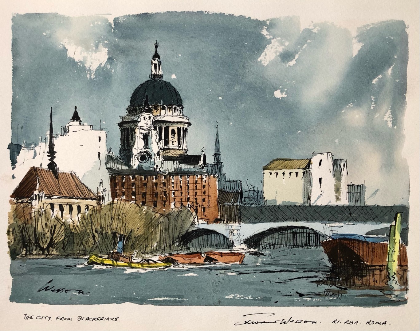 Edward Wesson watercolour painting - The City from Blackfriars