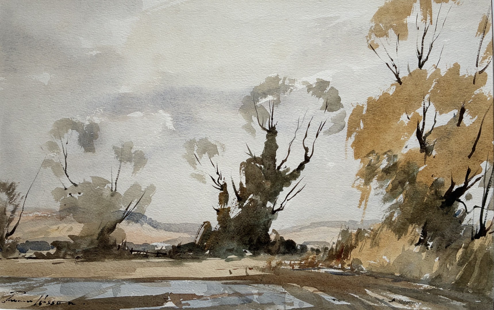 Edward Wesson watercolour painting - In the Wylye Valley, Wiltshire