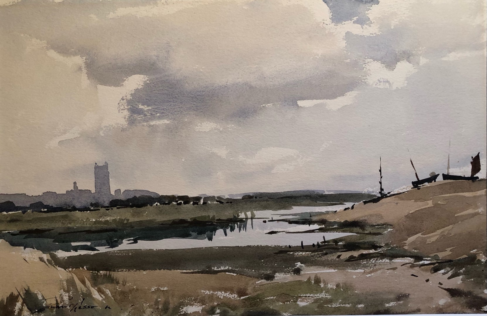 Edward Wesson watercolour painting - Towards Blakeney , Norfolk