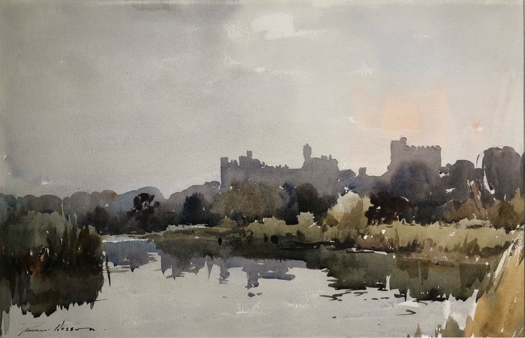 Edward Wesson watercolour painting - Arundel from Black Rabbit (Country club and restaurant)
