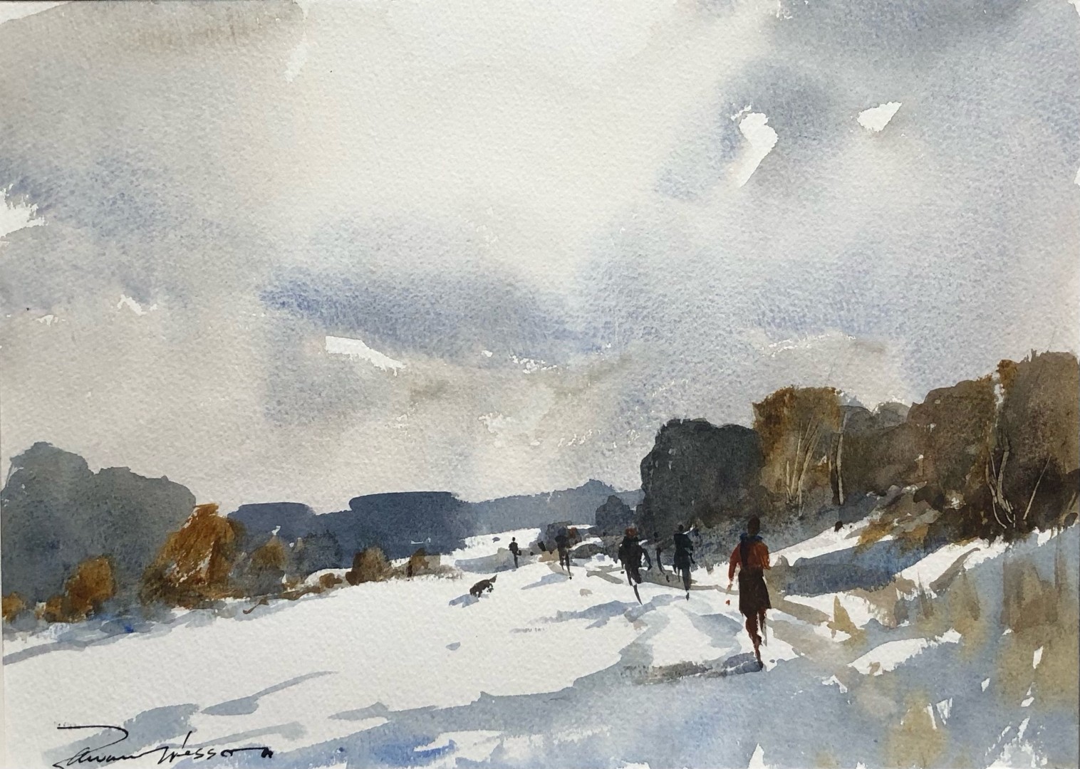 Edward Wesson watercolour painting - A walk in the Snow