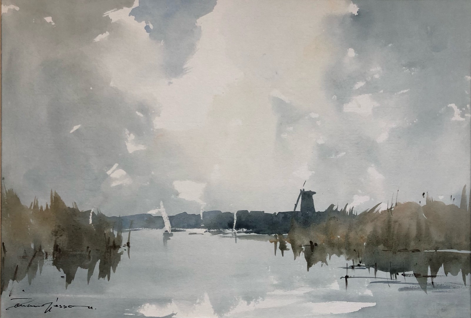 Edward Wesson watercolour painting - A Norfolk Broad