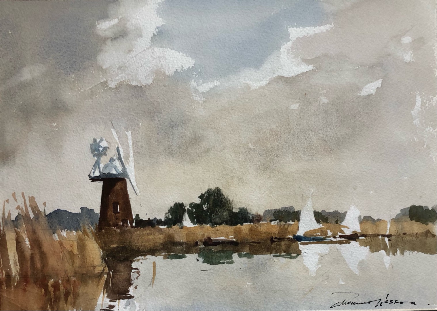 Edward Wesson watercolour painting - On The Broads, At Thurne, Norfolk