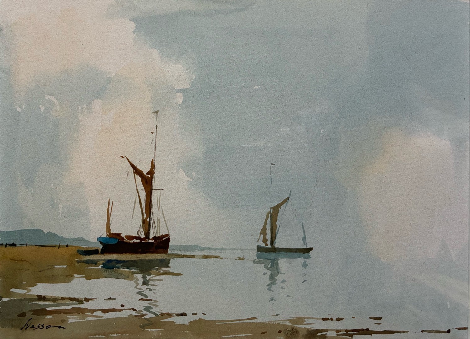 Edward Wesson watercolour painting - Barges on the mud