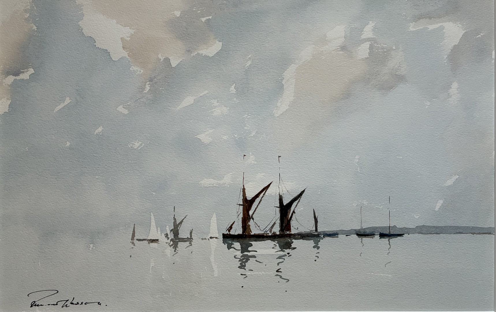 Edward Wesson watercolour painting - Calm waters, Spritsail barges