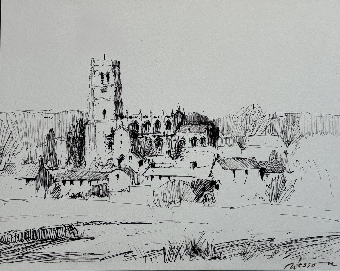 Edward Wesson watercolour painting - Northleach Church, Gloucestershire