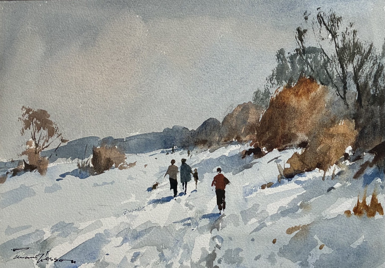 Edward Wesson watercolour painting - Snow on Merrow Down , 1976