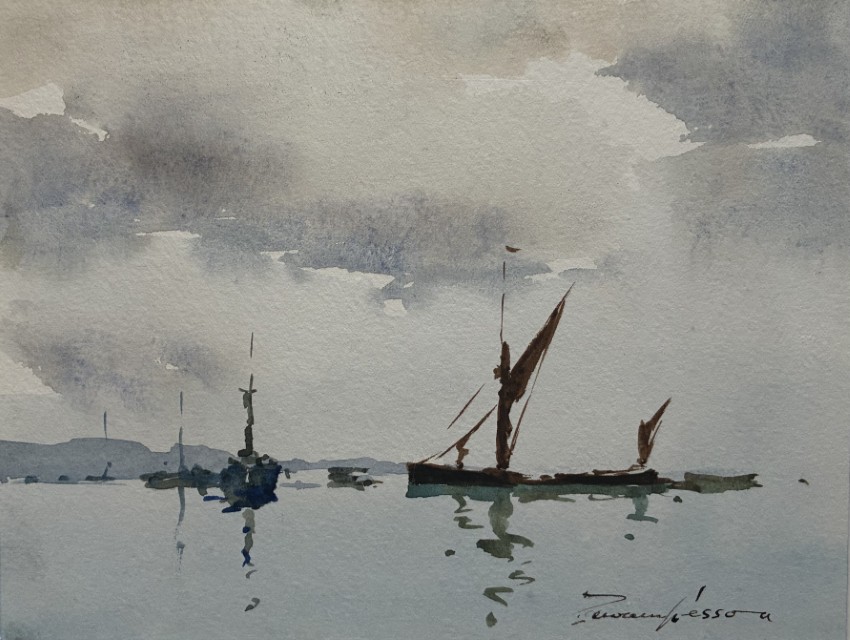 Edward Wesson watercolour painting - Barges in a Calm