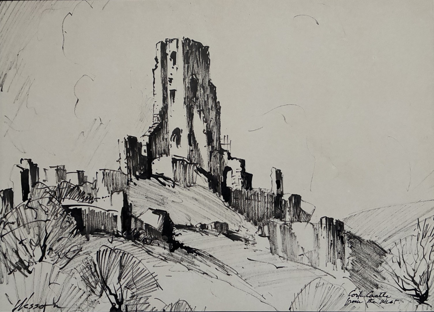 Edward Wesson watercolour painting - Corfe castle from the west