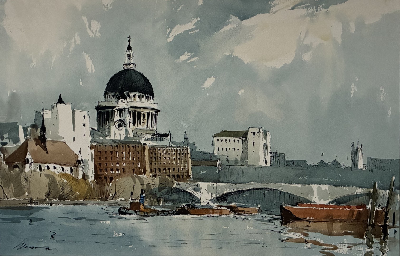 Edward Wesson watercolour painting - St. Paul’s Cathedral, London