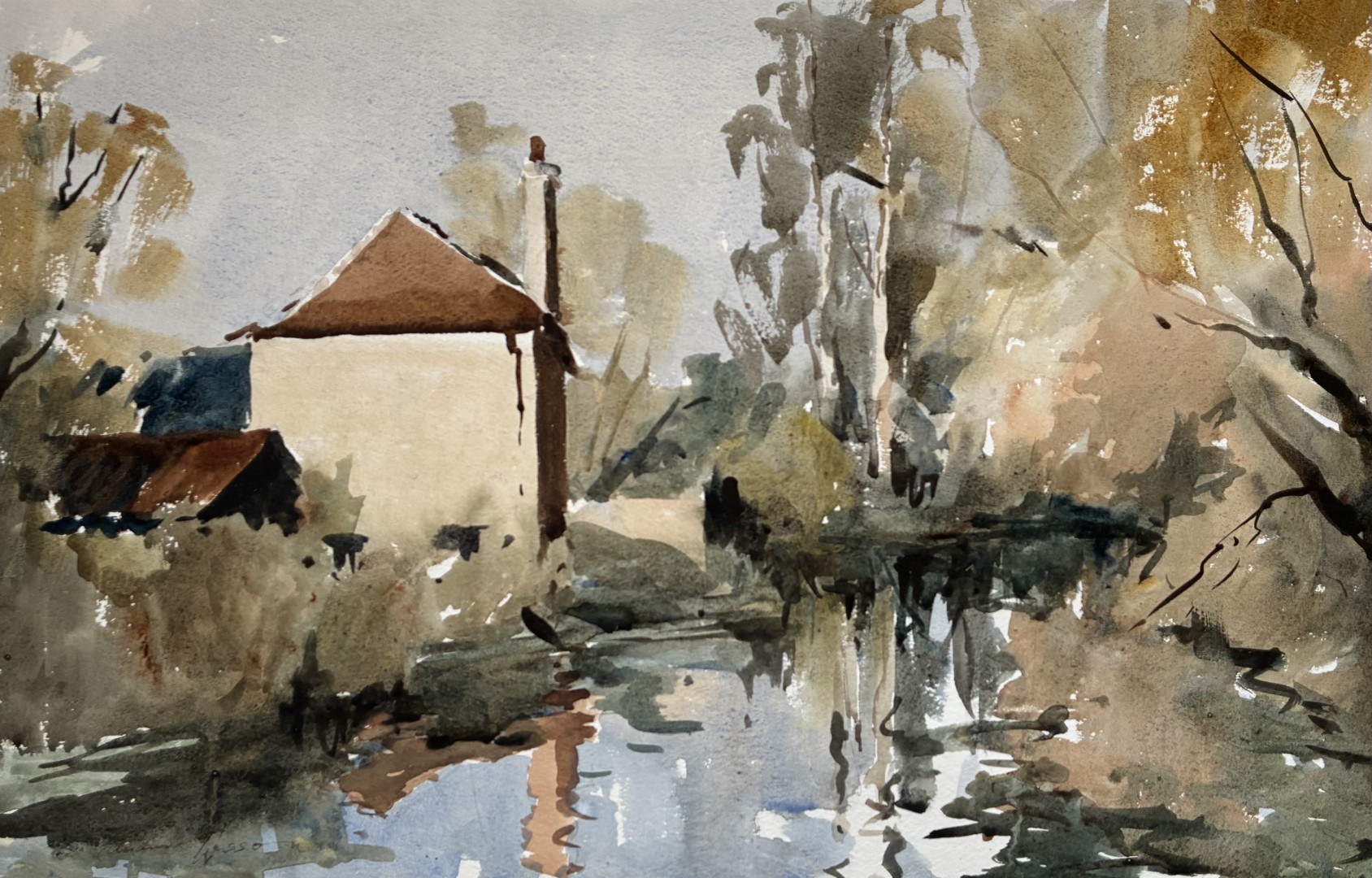 Edward Wesson watercolour painting - The House by The River
