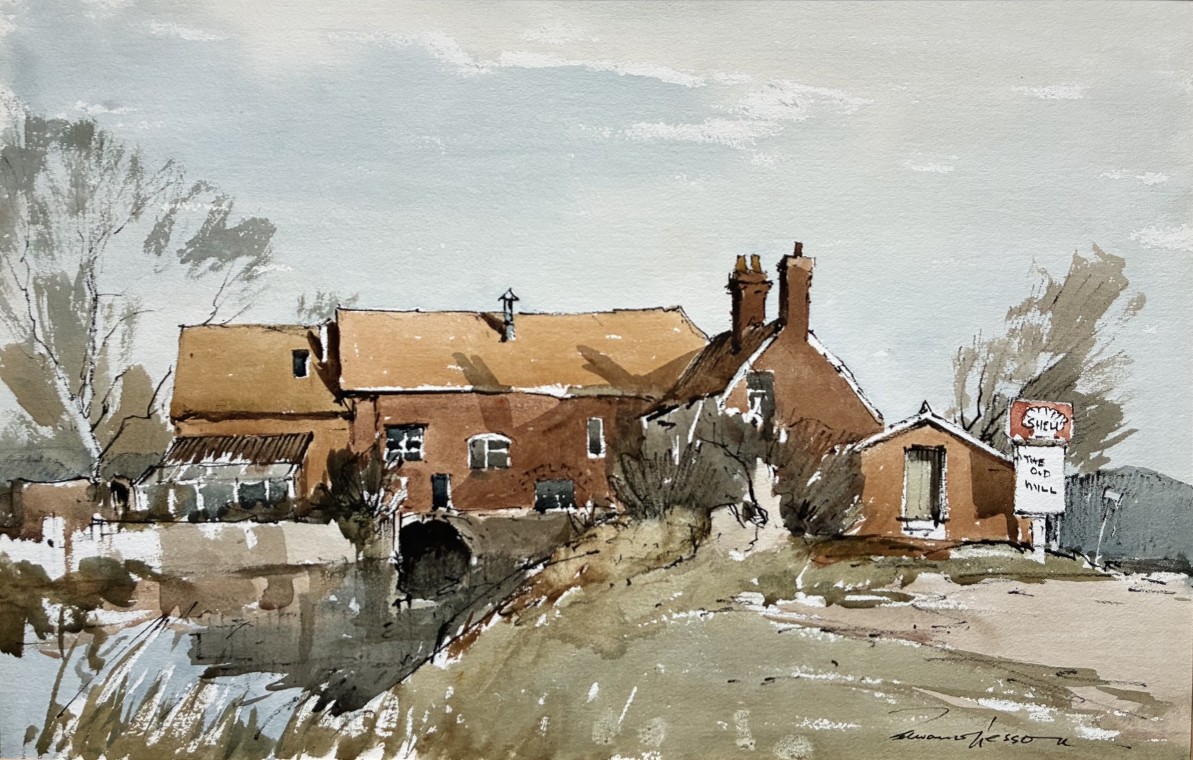 Edward Wesson watercolour painting - The Old Mill, Corfe Mullen , Dorset