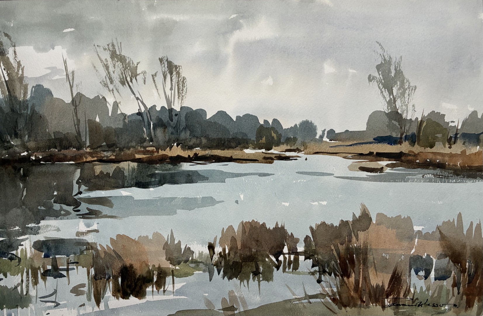 Edward Wesson watercolour painting - Autumn Water