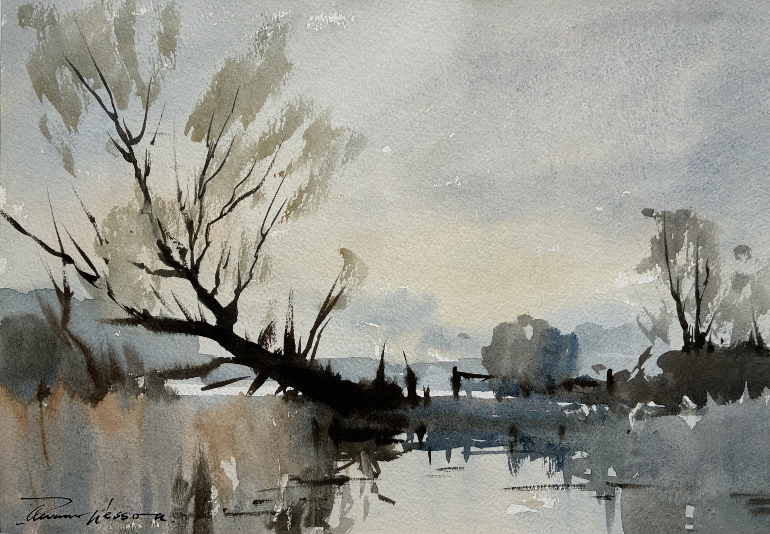 Edward Wesson watercolour painting - Fallen Willow
