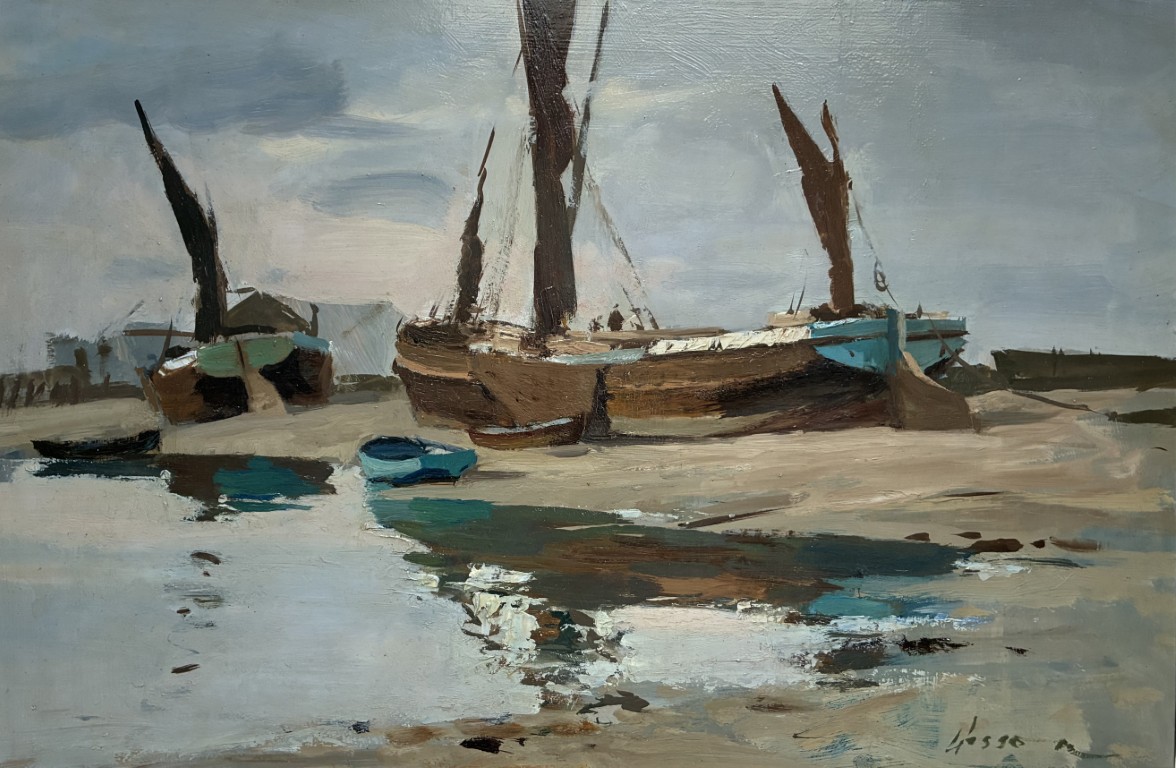 Edward Wesson watercolour painting - Laid Up Barges, Chiswick