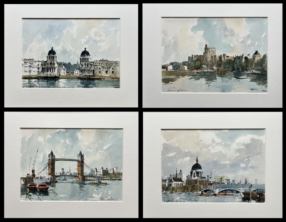 Edward Wesson watercolour painting - SET OF FOUR LONDON SCENES<br>Royal Hospital, Greenwich - Windsor - Tower Bridge - From Waterloo in the 60’s