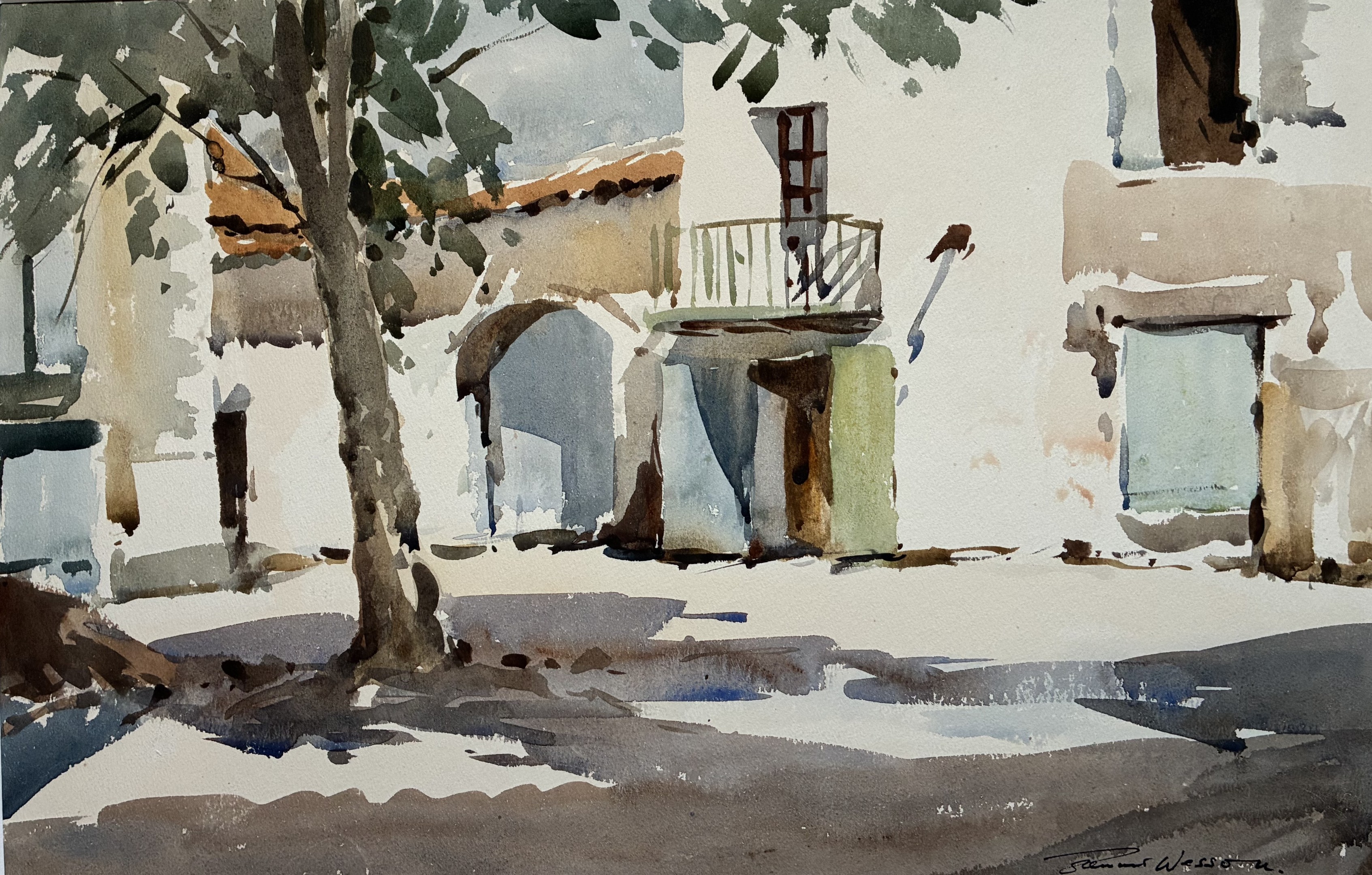 Edward Wesson watercolour painting - Market Square, Uzes, South of France